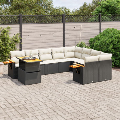 10 Piece Garden Sofa Set with Cushions Black Poly Rattan