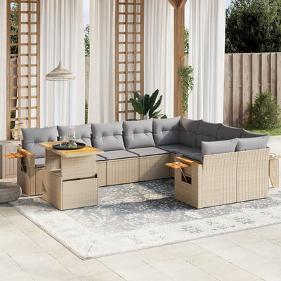 10 Piece Garden Sofa Set with Cushions Beige Poly Rattan