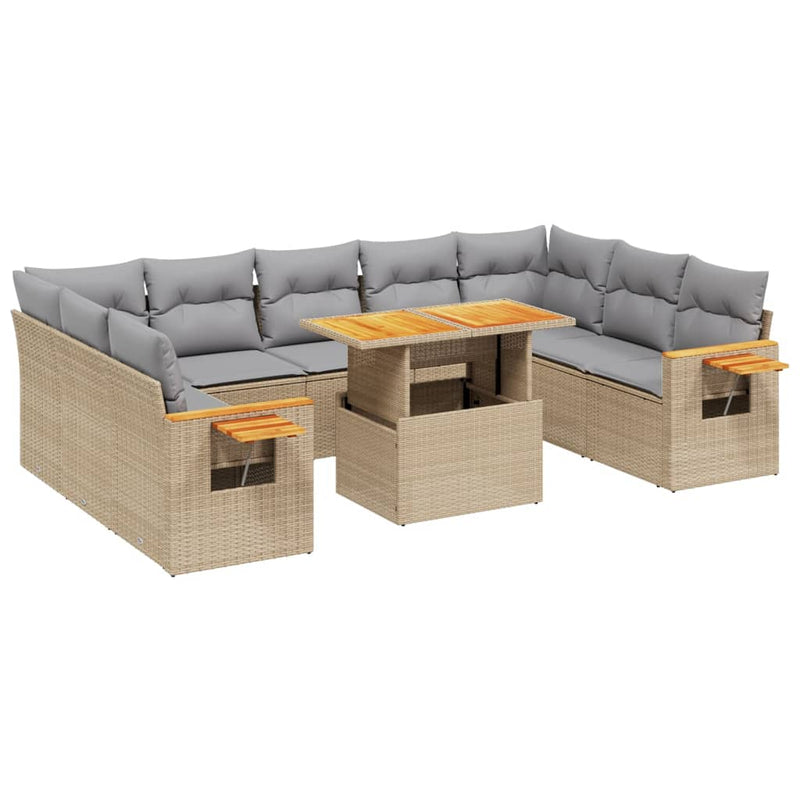 11 Piece Garden Sofa Set with Cushions Beige Poly Rattan