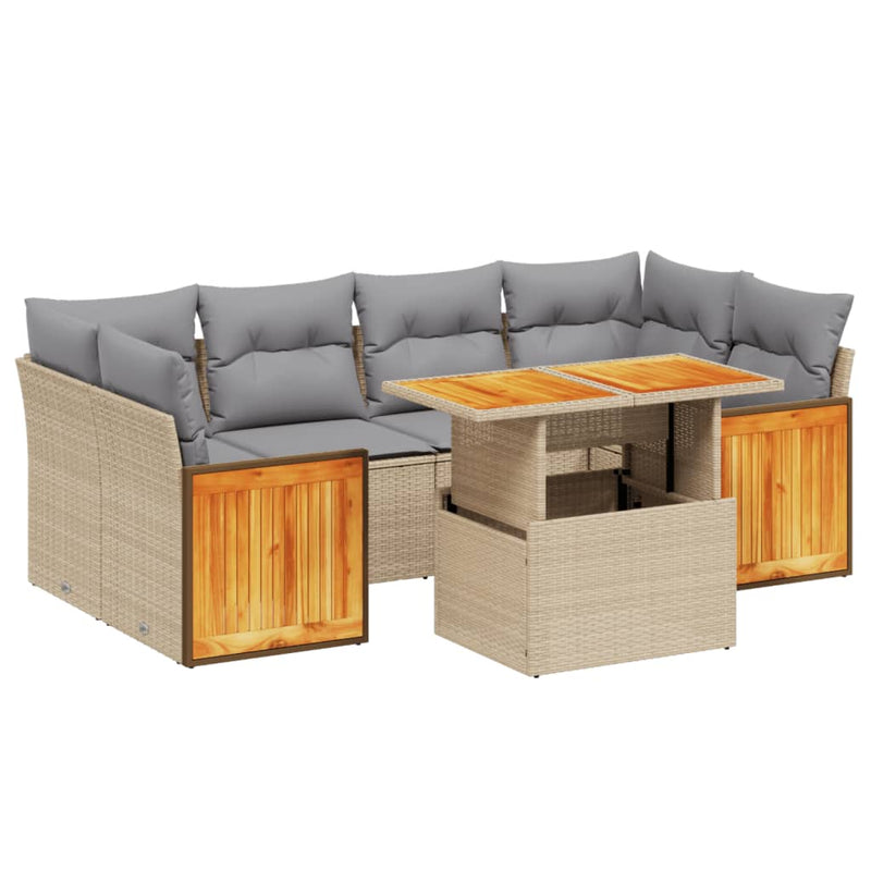 7 Piece Garden Sofa Set with Cushions Beige Poly Rattan