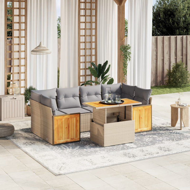 7 Piece Garden Sofa Set with Cushions Beige Poly Rattan