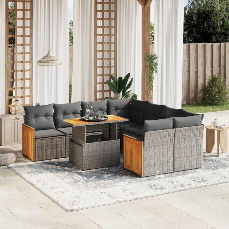 9 Piece Garden Sofa Set with Cushions Grey Poly Rattan