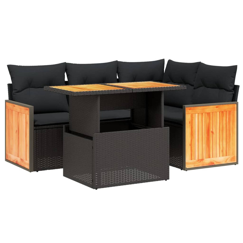 5 Piece Garden Sofa Set with Cushions Black Poly Rattan