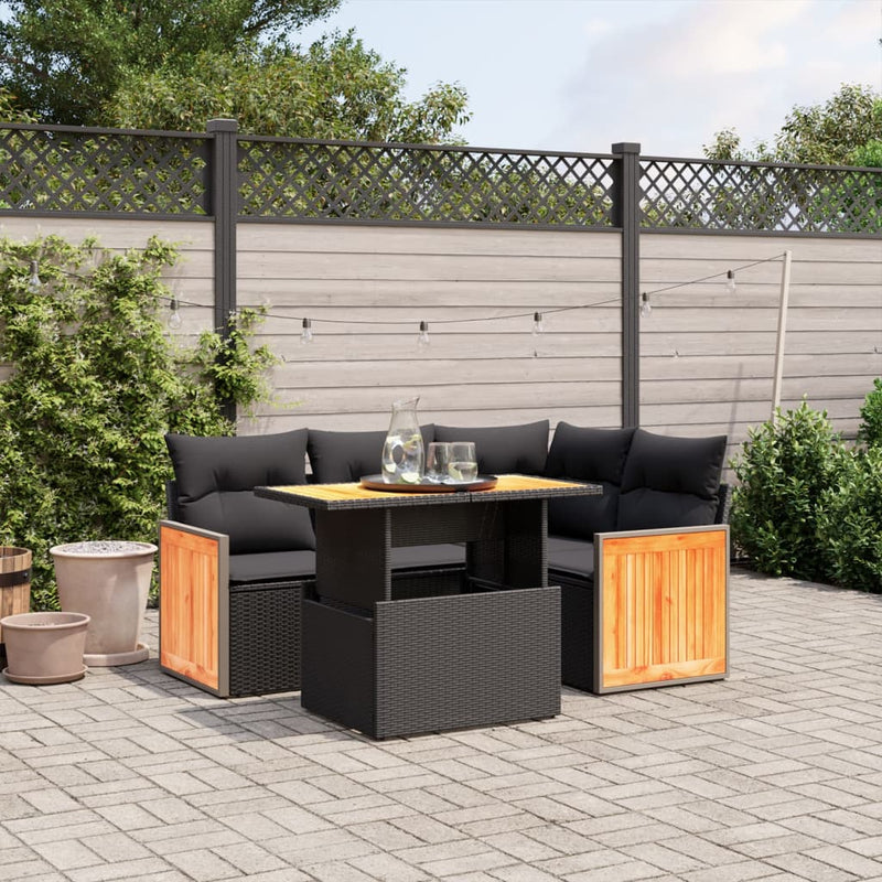 5 Piece Garden Sofa Set with Cushions Black Poly Rattan