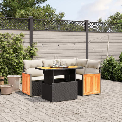 5 Piece Garden Sofa Set with Cushions Black Poly Rattan