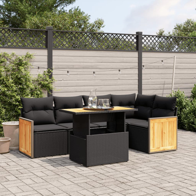 6 Piece Garden Sofa Set with Cushions Black Poly Rattan