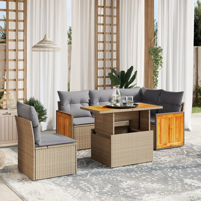 6 Piece Garden Sofa Set with Cushions Beige Poly Rattan