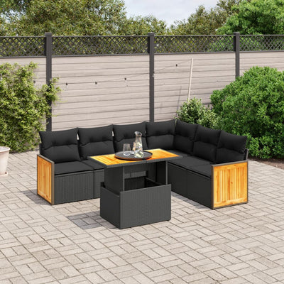 7 Piece Garden Sofa Set with Cushions Black Poly Rattan