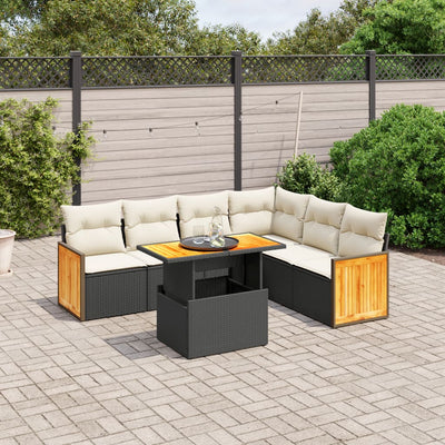 7 Piece Garden Sofa Set with Cushions Black Poly Rattan