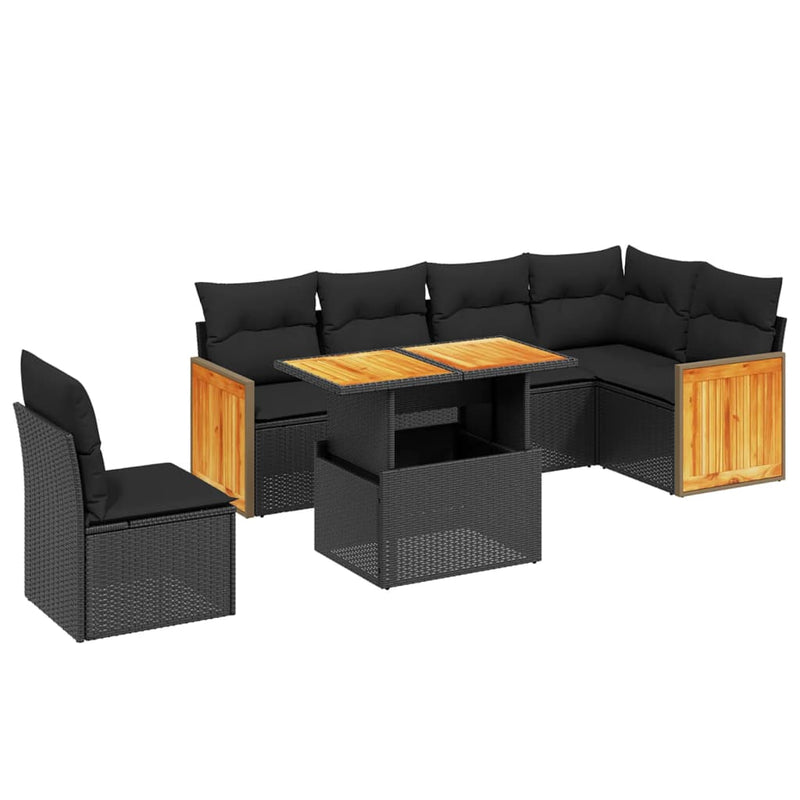 7 Piece Garden Sofa Set with Cushions Black Poly Rattan