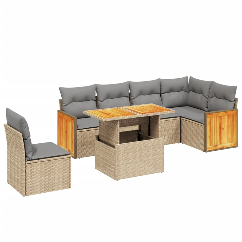 7 Piece Garden Sofa Set with Cushions Beige Poly Rattan