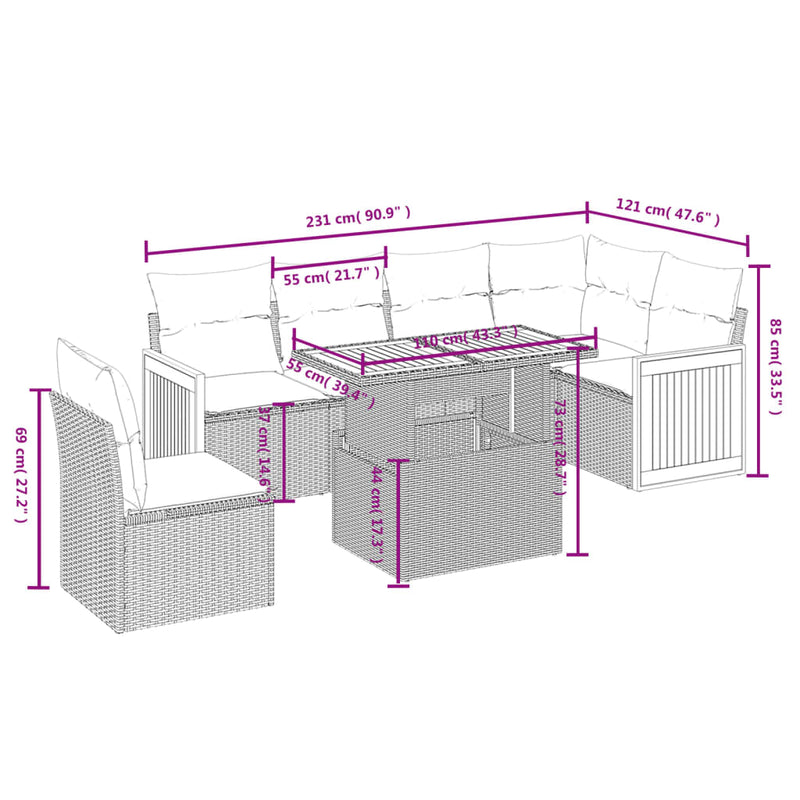 7 Piece Garden Sofa Set with Cushions Grey Poly Rattan