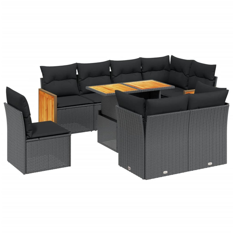 9 Piece Garden Sofa Set with Cushions Black Poly Rattan