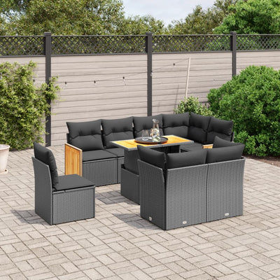 9 Piece Garden Sofa Set with Cushions Black Poly Rattan