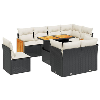 9 Piece Garden Sofa Set with Cushions Black Poly Rattan