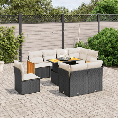 9 Piece Garden Sofa Set with Cushions Black Poly Rattan