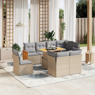 9 Piece Garden Sofa Set with Cushions Beige Poly Rattan