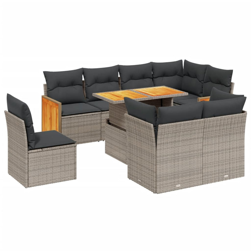 9 Piece Garden Sofa Set with Cushions Grey Poly Rattan