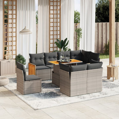 9 Piece Garden Sofa Set with Cushions Grey Poly Rattan