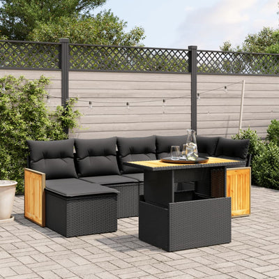 7 Piece Garden Sofa Set with Cushions Black Poly Rattan