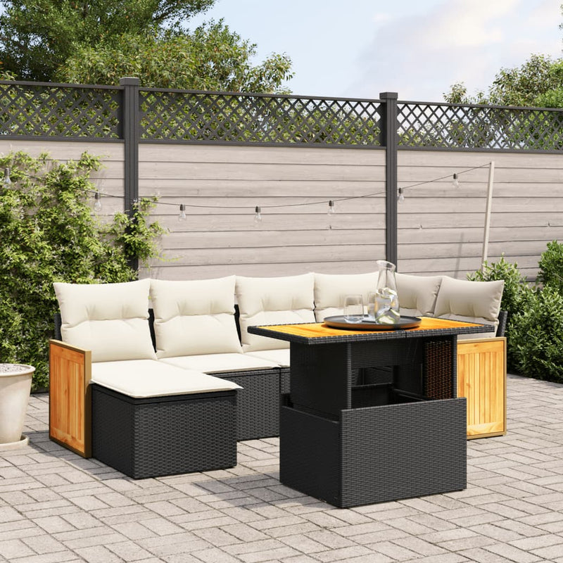 7 Piece Garden Sofa Set with Cushions Black Poly Rattan