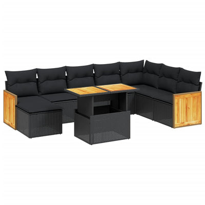 9 Piece Garden Sofa Set with Cushions Black Poly Rattan