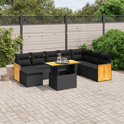 9 Piece Garden Sofa Set with Cushions Black Poly Rattan