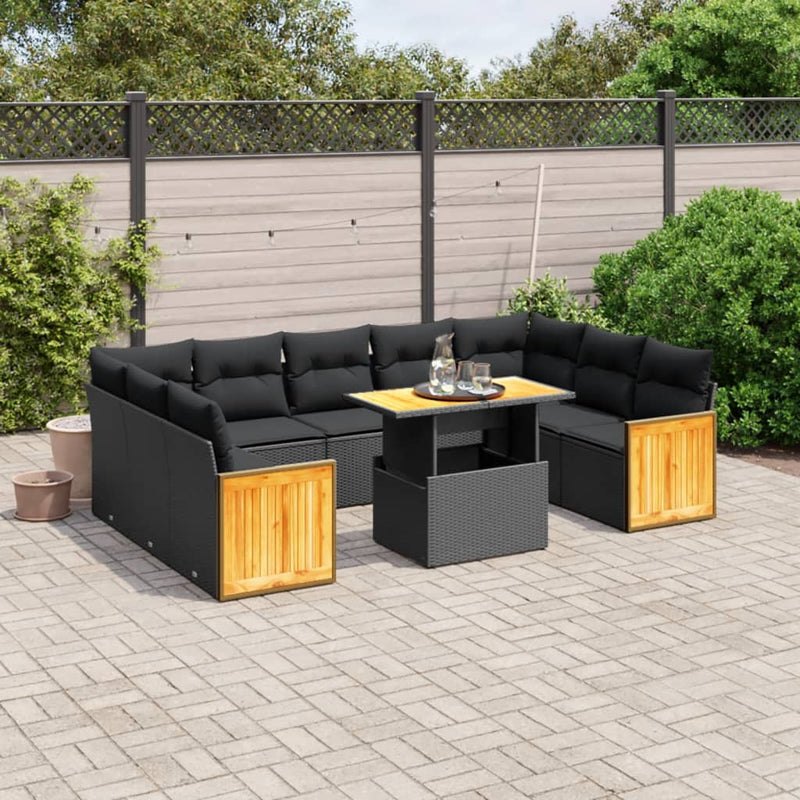 10 Piece Garden Sofa Set with Cushions Black Poly Rattan