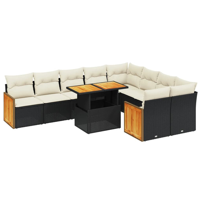 10 Piece Garden Sofa Set with Cushions Black Poly Rattan