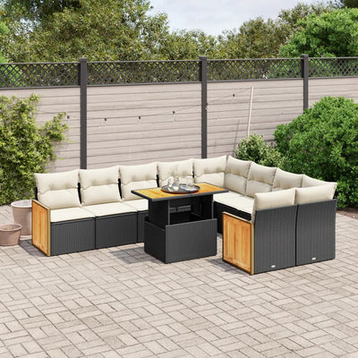 10 Piece Garden Sofa Set with Cushions Black Poly Rattan