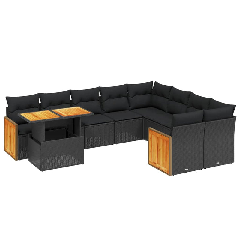 10 Piece Garden Sofa Set with Cushions Black Poly Rattan