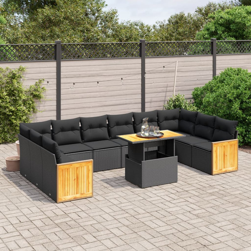 11 Piece Garden Sofa Set with Cushions Black Poly Rattan