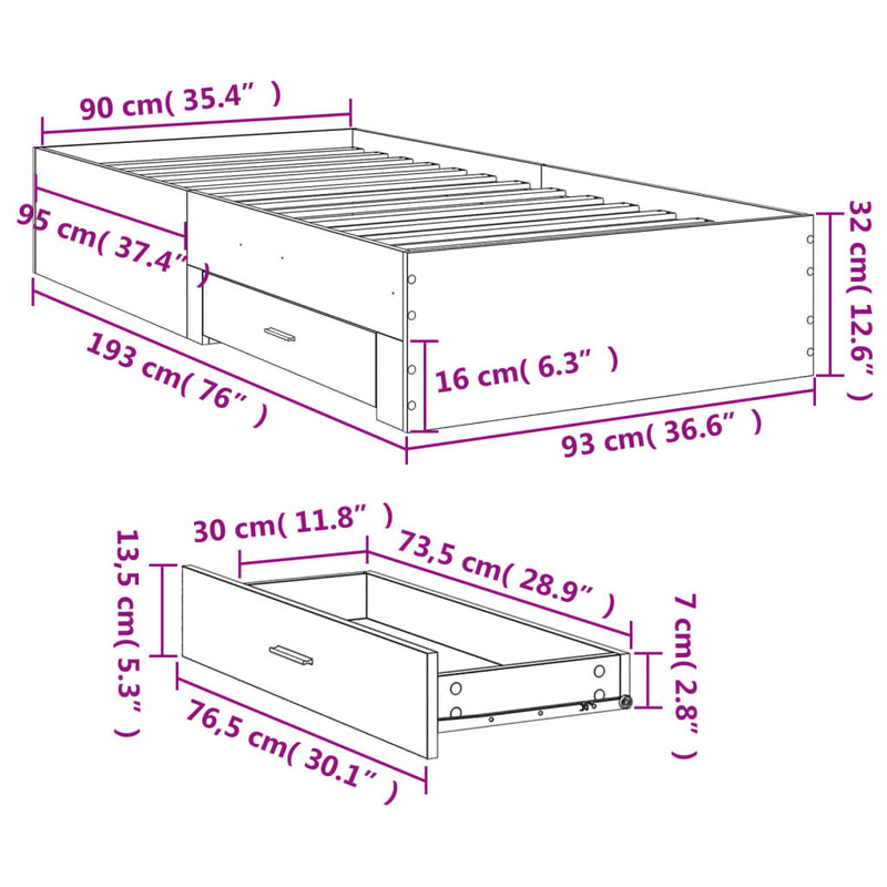 Bed Frame with Drawers without Mattress White 90x190 cm