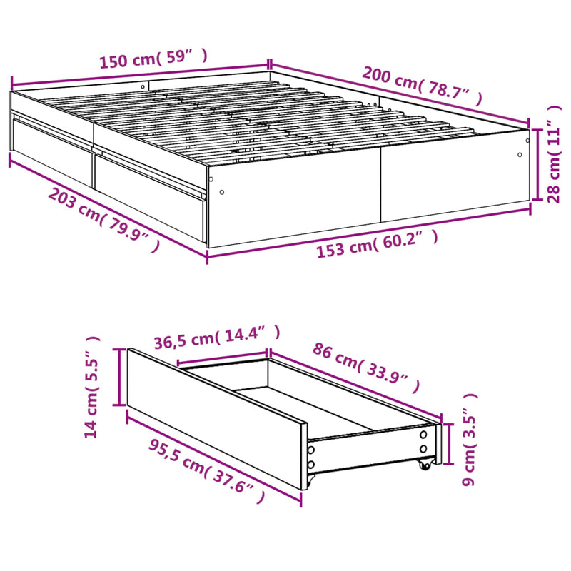 Bed Frame with Drawers without Mattress White 150x200 cm