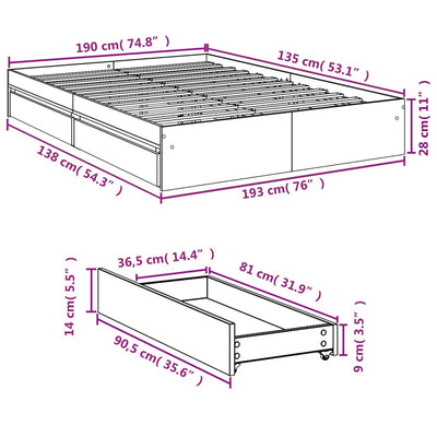 Bed Frame with Drawers without Mattress White 135x190 cm