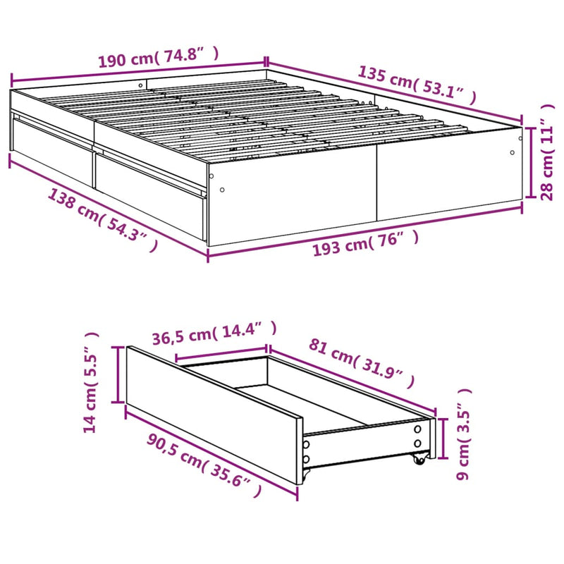 Bed Frame with Drawers without Mattress White 135x190 cm