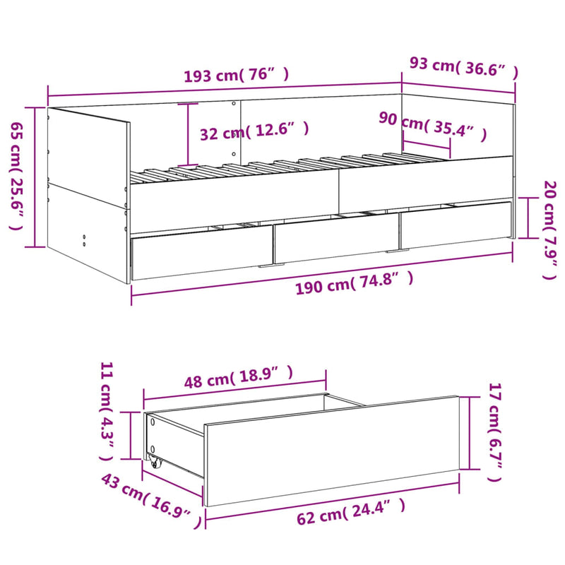 Daybed with Drawers without Mattress White 90x190 cm