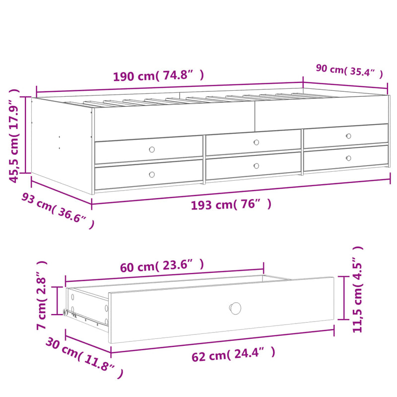 Daybed with Drawers without Mattress White 90x190 cm