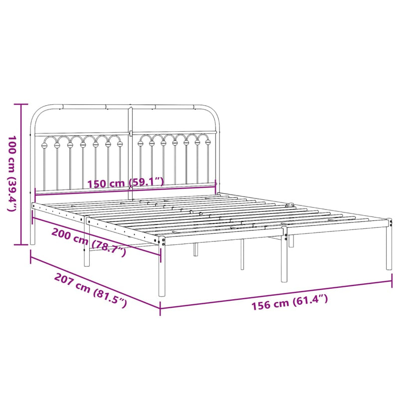 Metal Bed Frame without Mattress with Headboard Black 150x200 cm