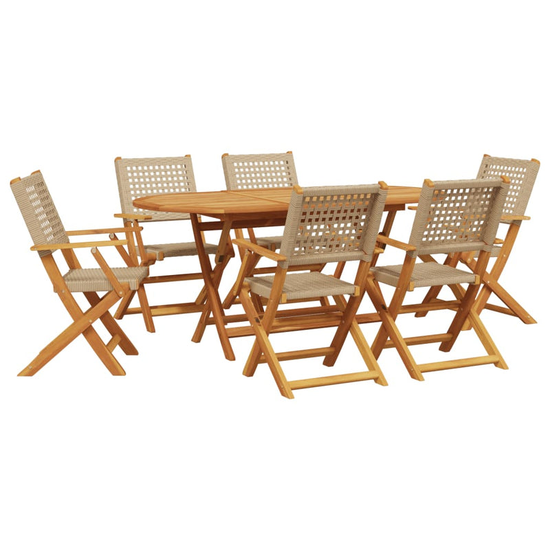 7 Piece Garden Dining Set Beige Poly Rattan and Solid Wood