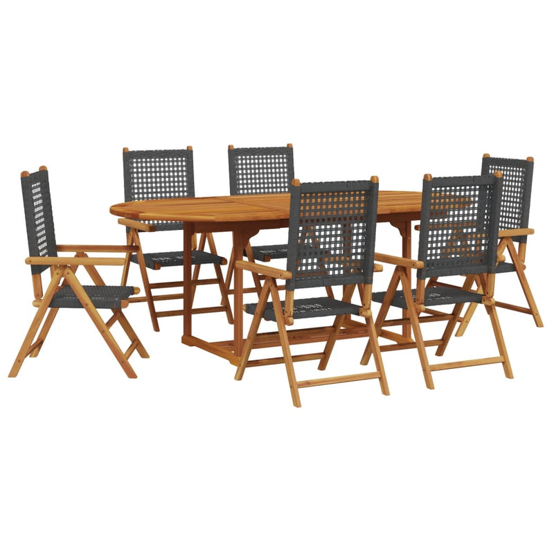 7 Piece Garden Dining Set Black Poly Rattan and Solid Wood