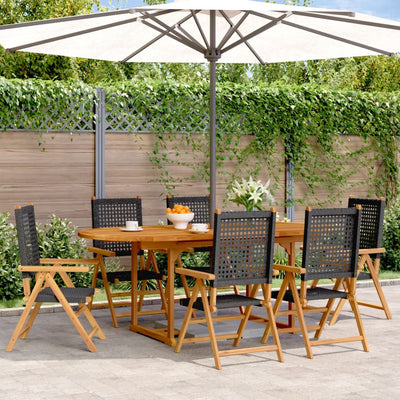 7 Piece Garden Dining Set Black Poly Rattan and Solid Wood