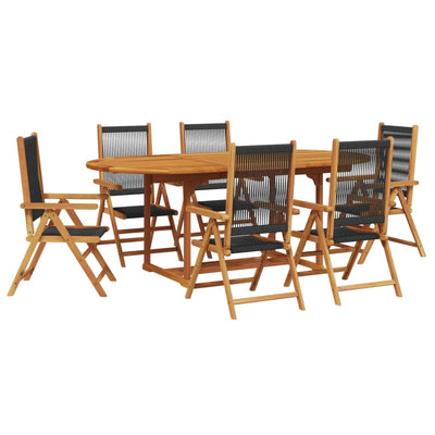 7 Piece Garden Dining Set Black Polypropylene and Solid Wood