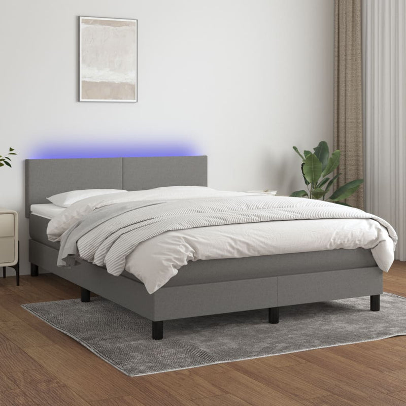 Box Spring Bed with Mattress&LED Dark Grey 137x187 cm Double Size Fabric