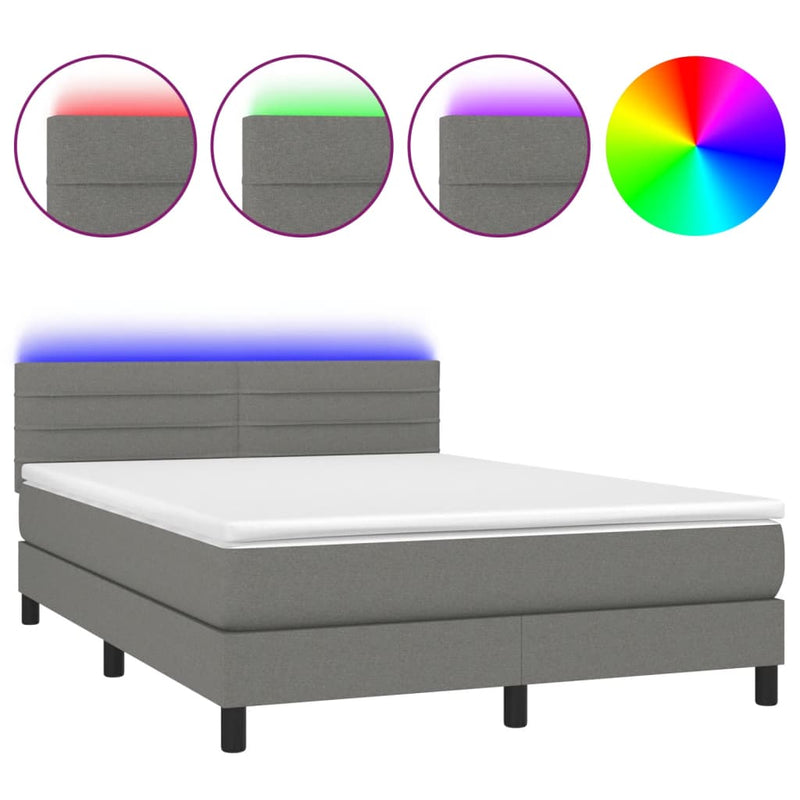 Box Spring Bed with Mattress&LED Dark Grey 137x187 cm Double Size Fabric