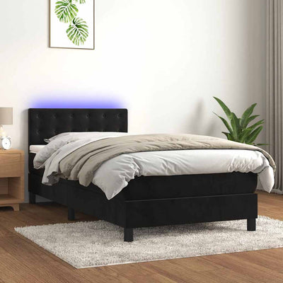 Box Spring Bed with Mattress&LED Black 106x203 cm King Single Size Velvet