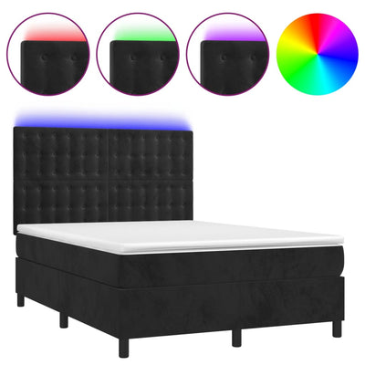 Box Spring Bed with Mattress&LED Black 137x187 cm Double Size Velvet