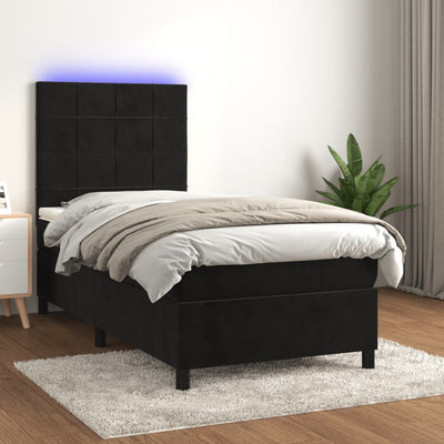 Box Spring Bed with Mattress&LED Black 106x203 cm King Single Size Velvet