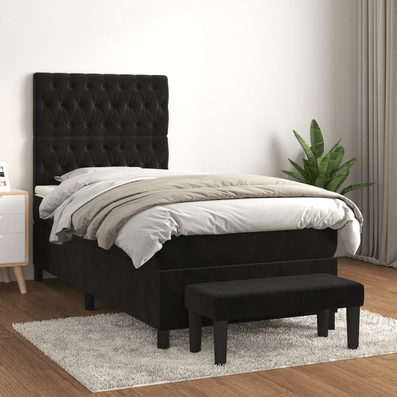 Box Spring Bed with Mattress Black 106x203 cm King Single Size Velvet