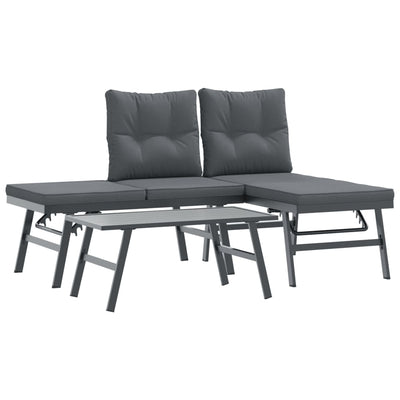 3 Piece Garden Bench Set with Cushions Black Powder-coated Steel